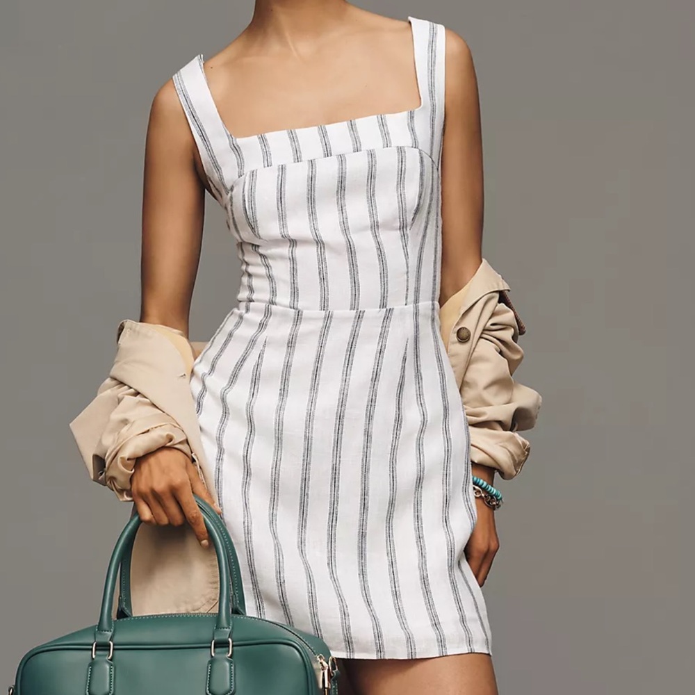 Reformation White Mini Dress with Black Stripe